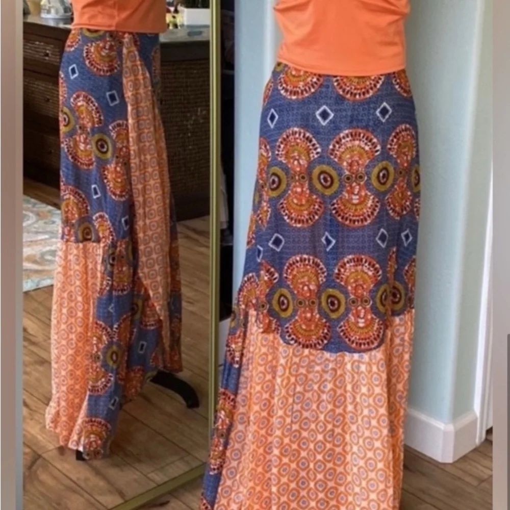 Blue and Orange Maxi Wrap Skirt set with matching Cropped Blouse